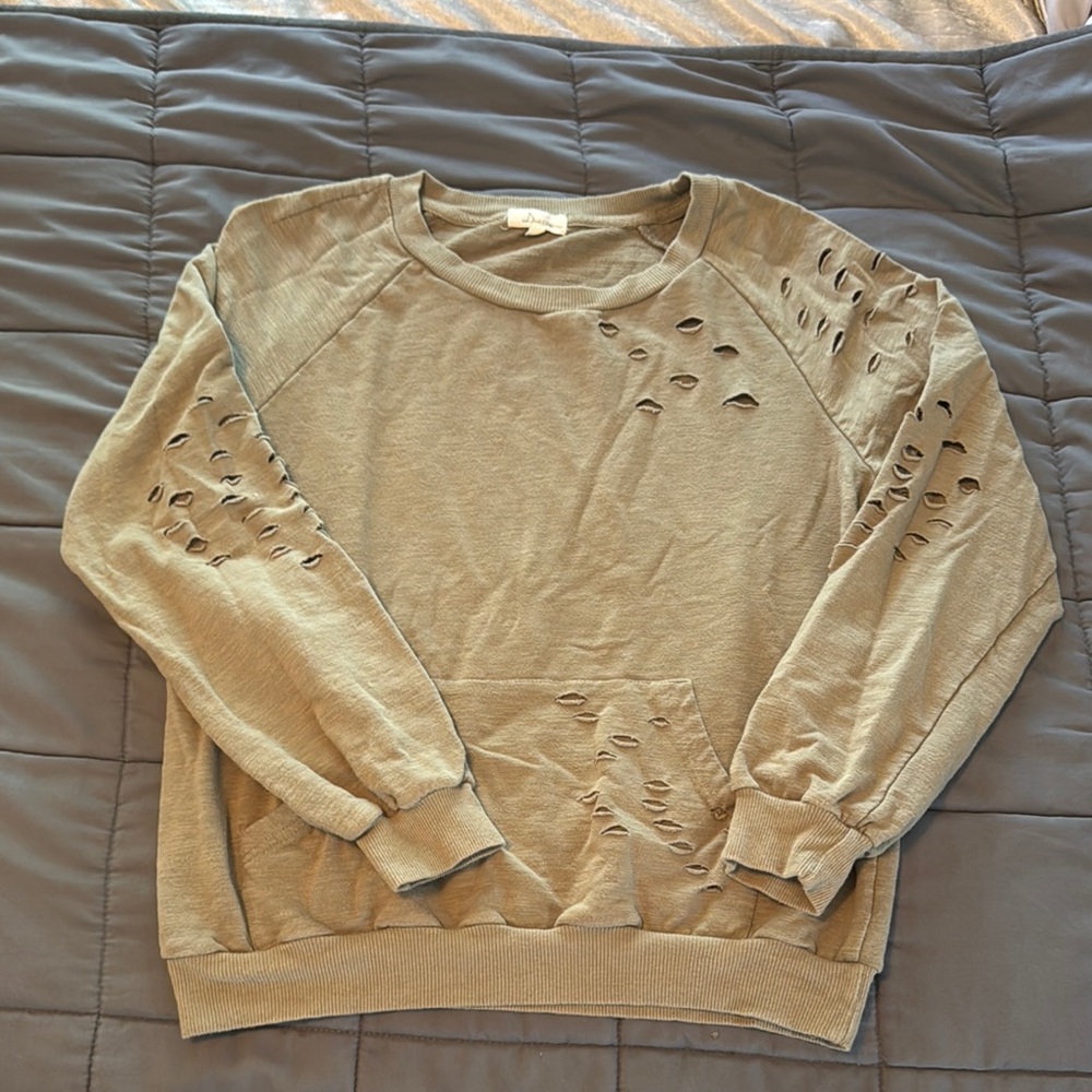 Tan and Green Long Sleeve Tee Casual Top